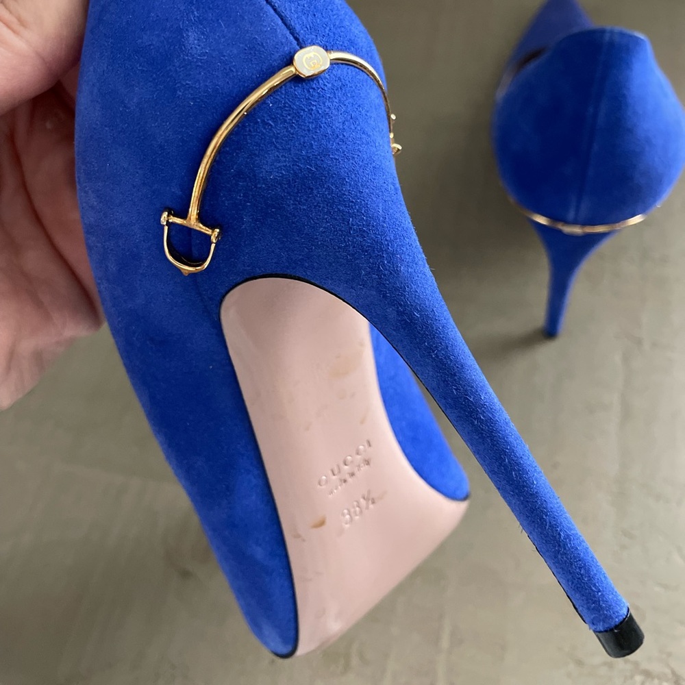 💙 Gucci Blue Suede Pointed Toe Pumps Size 38.5 - Picture 10 of 16